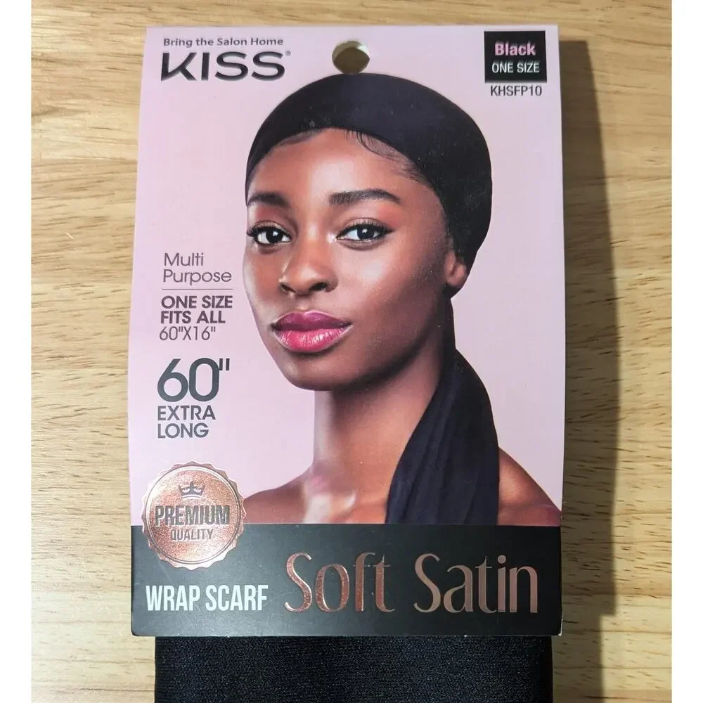 Kiss Soft Satin Wrap Scarf Black 60x16in Extra Long Hair Cover Multi-Purpose OS